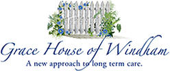 Logo of grace house of windham featuring a white picket fence, blue flowers, and text stating "a new approach to long term care.